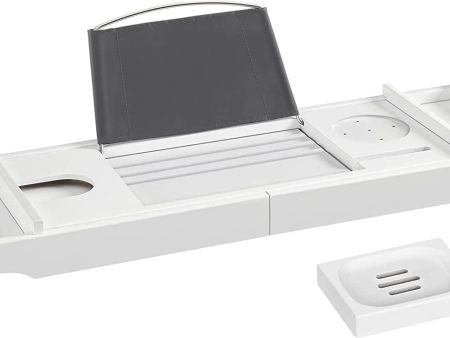 Songmics Bandeja para Bañera de Bambú, Puente de Bañera Extensible con Ranura para Tazas, Tableta, Teléfono y Jabón, (75-109) x 23 x 4,5 cm, Blanco BCB088W01 (Raya en Carcasa) Reacondicionado For Cheap