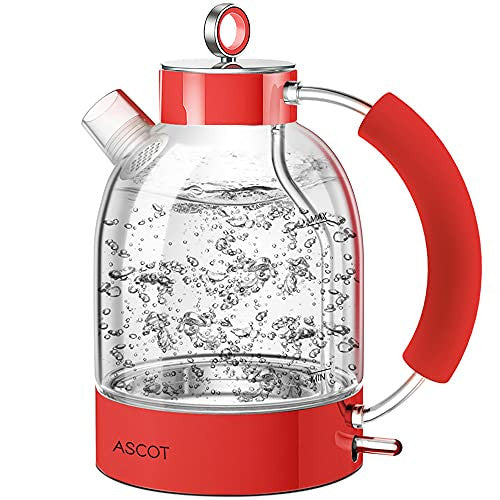 Hervidor Agua Electrico, ASCOT Hervidor de Agua Cristal, 1.6L, 2200W, Libre de BPA y Sistema de Protección Contra la Ebullición en Seco, Base 360º (Rojo) Reacondicionado For Sale